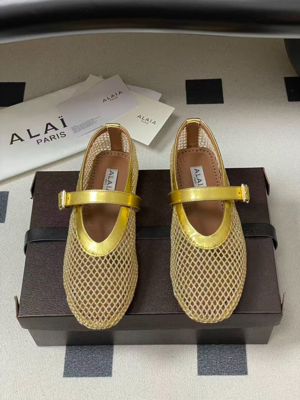 ALAIA Gold French Ballet Flats: Stunning Openwork Fishnet Shoes 🔥 - Picture 2 of 8